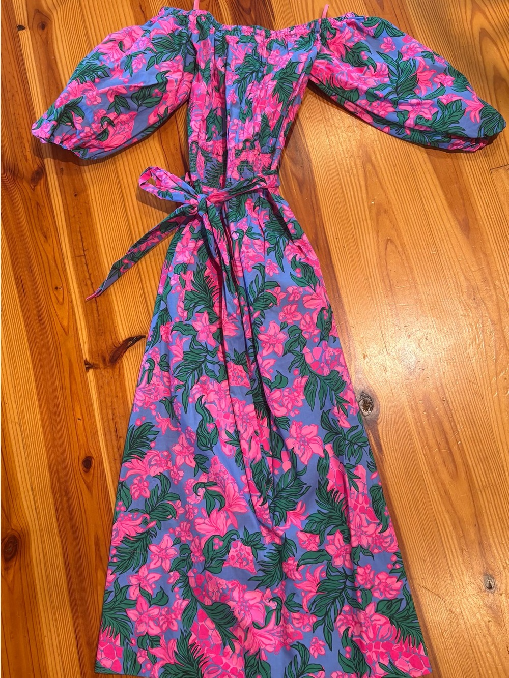 Lilly Pulitzer Pink Floral Off-Shoulder Dress with Green Leaves on Blue